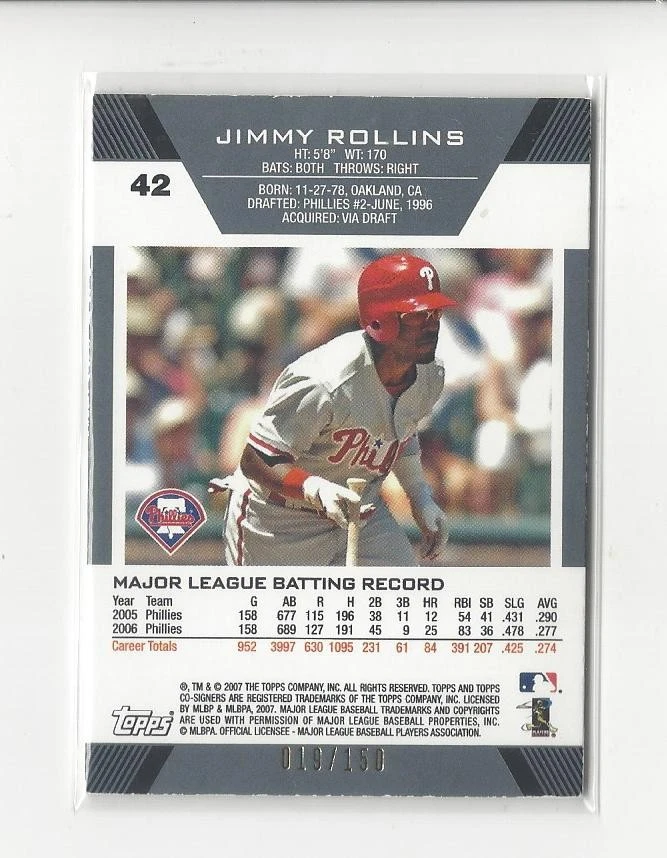 2007 Topps Co-Signers Silver Blue #42A Jimmy Rollins / Pat Burrell Phillies /150 - Image 2 of 2