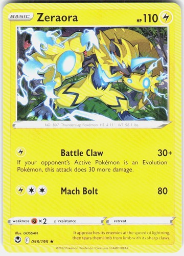 Zeraora 056/195 Rare Silver Tempest Pokemon Near Mint - Afbeelding 1 van 2