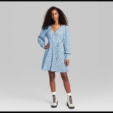 Wild Fable Blue Floral Wrap Style Dress Long Sleeve Ditsy Floral Size M