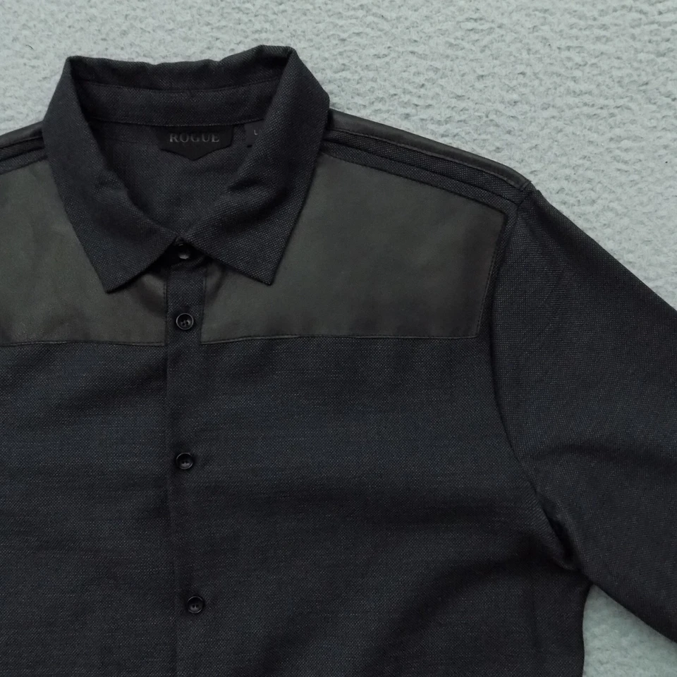 Rogue Shirt Mens Large Black Button Up Wool Leather Tailored Long Sleeve 6974 - Image 2 of 4