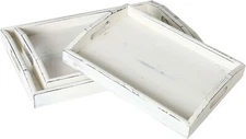 MyGift Set of 3 Vintage White Wood Nesting Serving Trays with Cutout Handles