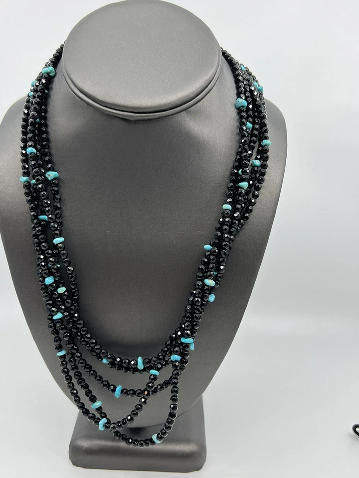 Collar de varias filas Jay King Mine Finds ágata negra y turquesa 20" nuevo con etiquetas 393921