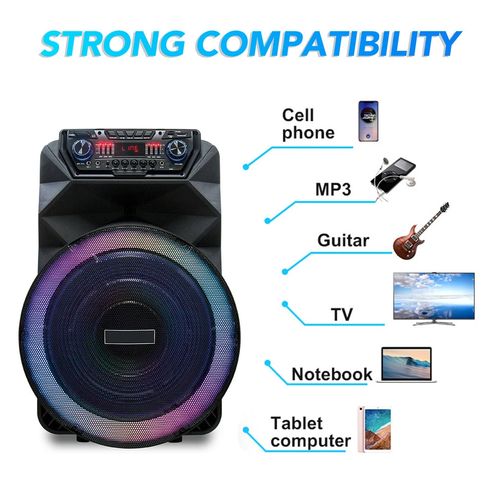 18" Portable Bluetooth Party Speaker DJ PA Loud Karaoke Systems W/ Mic Remote - Image 3 of 4