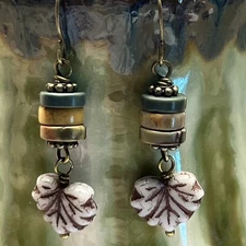 Bronze Tone Czech Maple Leaves Glass Beads Dangle Earrings. Artisan.  S177