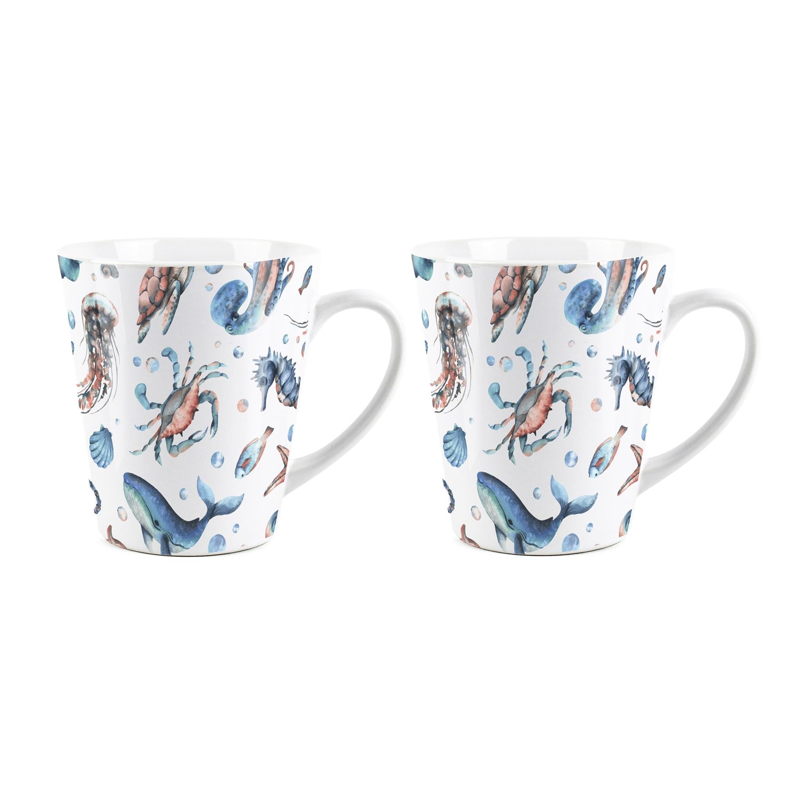 Sea Life Latte Mugs - Ocean Themed Ceramic Coffee Cups Present/Gift - Set of 2