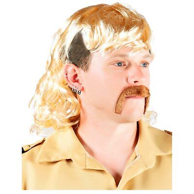 Tiger King Joe Exotic Cosplay Wig Mens Blonde Wig with 6 Earrings Mustache Necklace for Halloween Costume 007A