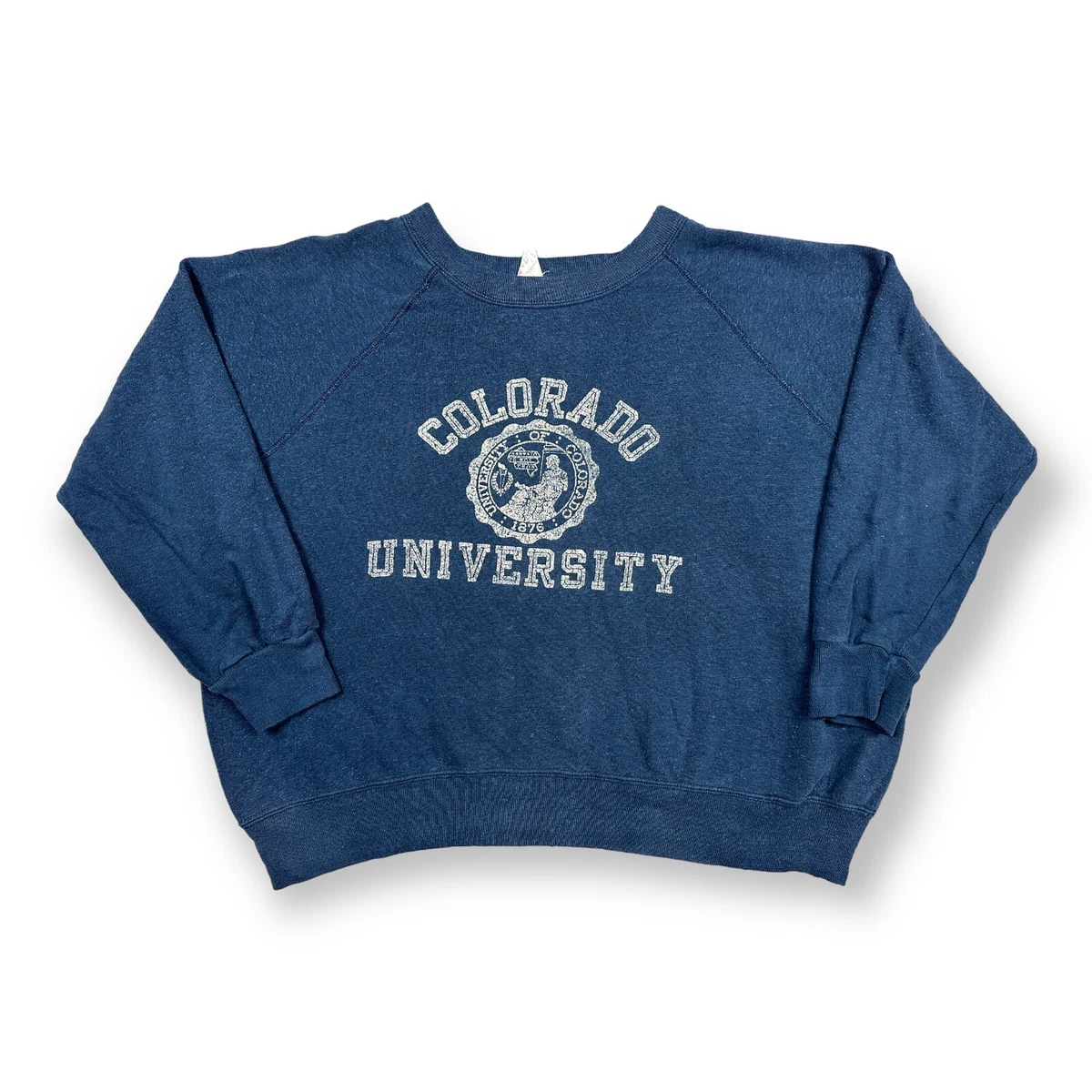 Vintage 70s Champion Denver University Raglan XXL Faded Navy Pullover Crewneck