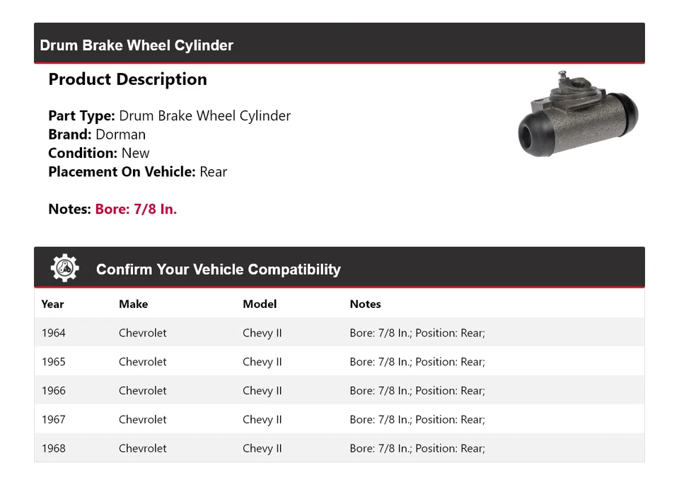 Para 1964-1968 Chevrolet Chevy II Dorman cilindro de roda de freio a tambor traseiro 1965 1966 - Imagem 2 de 4