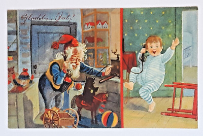 Santa On Phone w/ Excited Boy Christmas Postc Glaedelig Jul Mittet & Co VTG