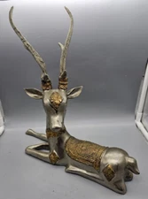 Stainless Cast Sculpture Sitting Persian Sika Deer 6 Point Recumbent