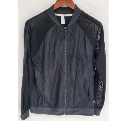 Marika Black Semi Sheer Sleeve Bomber Jacket Full Zip Women's S