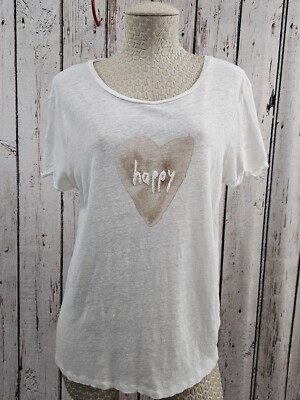 Marc Aurel 40 Beaded Happy Heart Short Sleeve Linen Tee T-Shirt Top Summer EUC