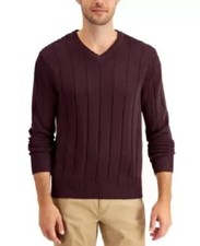Club Room Men's Drop-Needle V-Neck Cotton Pullover Sweater, Red Plum, Small S