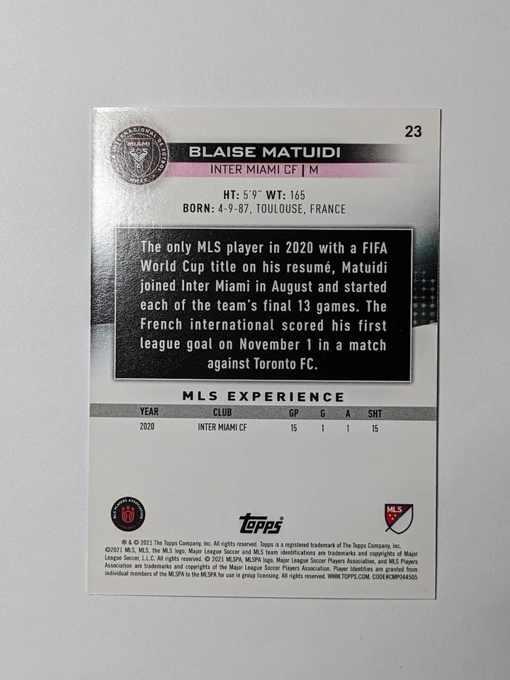 #23 Blaise Matuidi - Inter Miami CF - 2021 Topps MLS Soccer - Image 2 of 2
