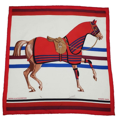 HERMES Petit Carre 45 Cheval a la couverture Horse Silk Scarf No Box Used