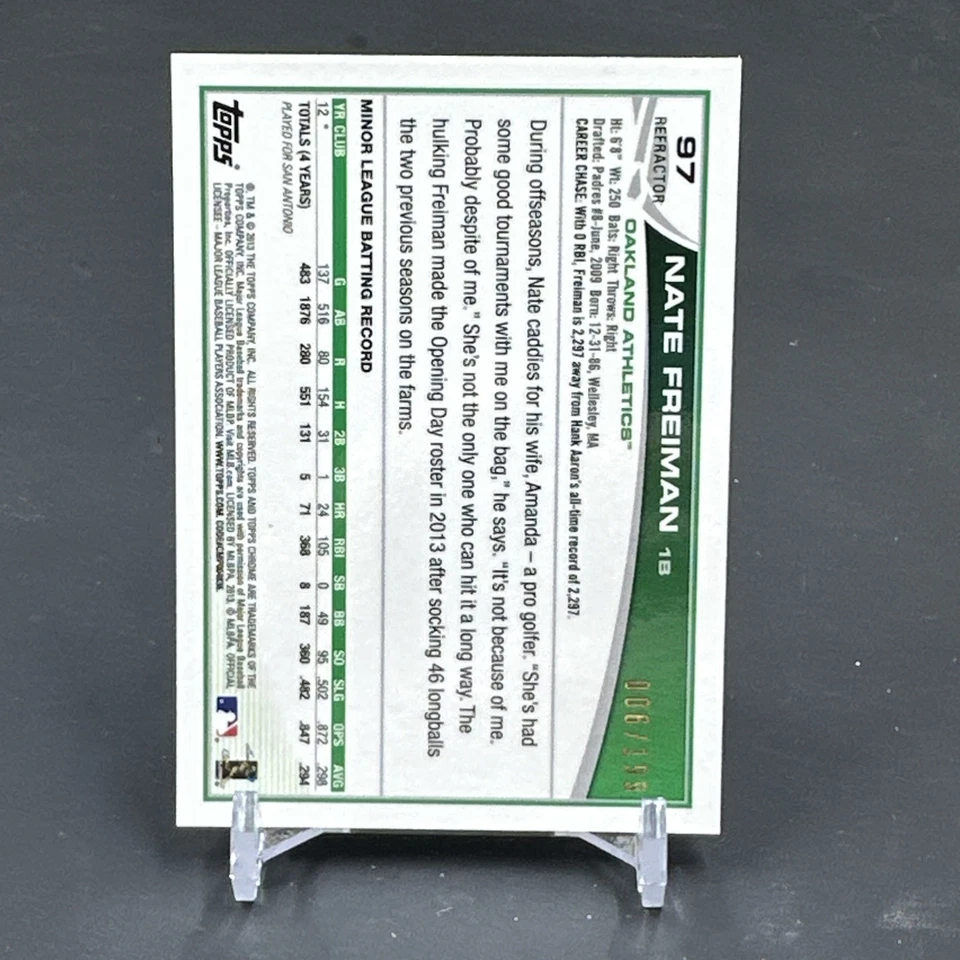 2013 Topps Chrome #97 NATE FREIMAN "BLUE REFRACTOR" RC Rookie Card #6/199 A's - Image 2 of 3