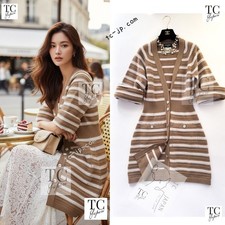 $5.1K CHANEL 15S Beige Stripe Cashmere Knit Dress Cardigan KarlLagerfeld 44 US12