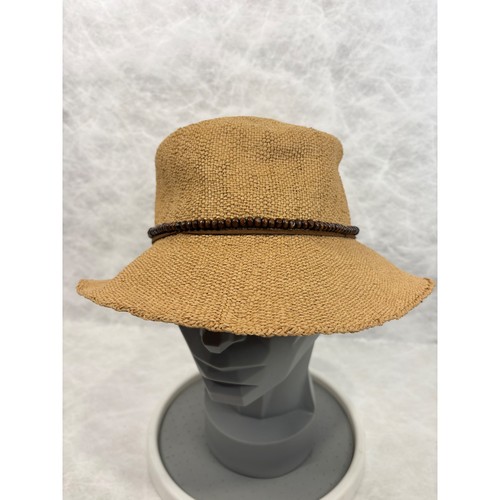 Sun N Sand Tan Woven Straw Bucket Hat UPF 50+ Wood Bead Band Adjustable