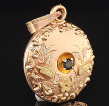14K Gold Antique FLORAL LOCKET Charm Pendant Paste Gemstone