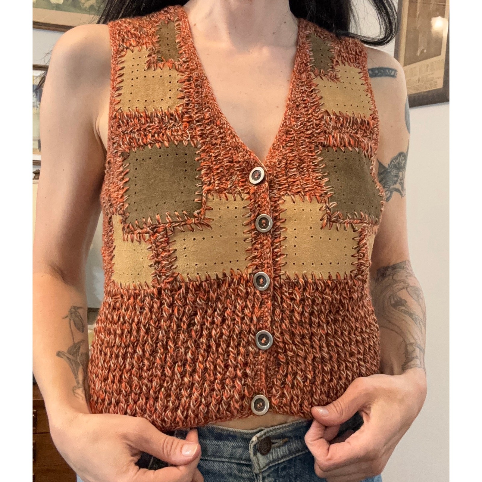 Vintage Harpees 70s leather patchwork button up v… - image 3