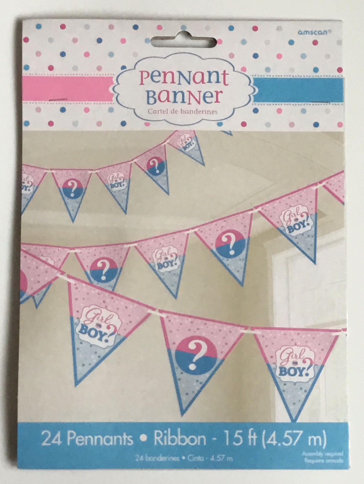 4.5m Gender Reveal 24 Flag Banner. Baby Shower Reveal Hanging Party Decorations.