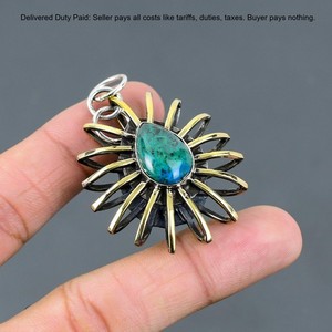 Authentic 925 Silver Throat Chakra Chrysocolla Stone Cage 18K Gold Plated Bezel Pendant