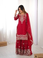 Designer Latest Faux Georgette Top Palazzo With Red Dupatta For Engagement Wear