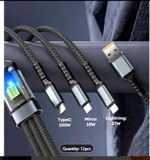 4FT Nylon Braid 3 port Charging & Data 100W cable,Micro USB, TYPE C& iPhone cabl