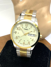 Timex Men's Watch T2M935 Quartz 36mm White Dial Indiglo Two Tone Stretched Band