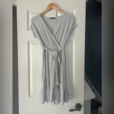 Caution to the Wind Gray Ribbed Wrap Ruffle Hem Knit Dress Small