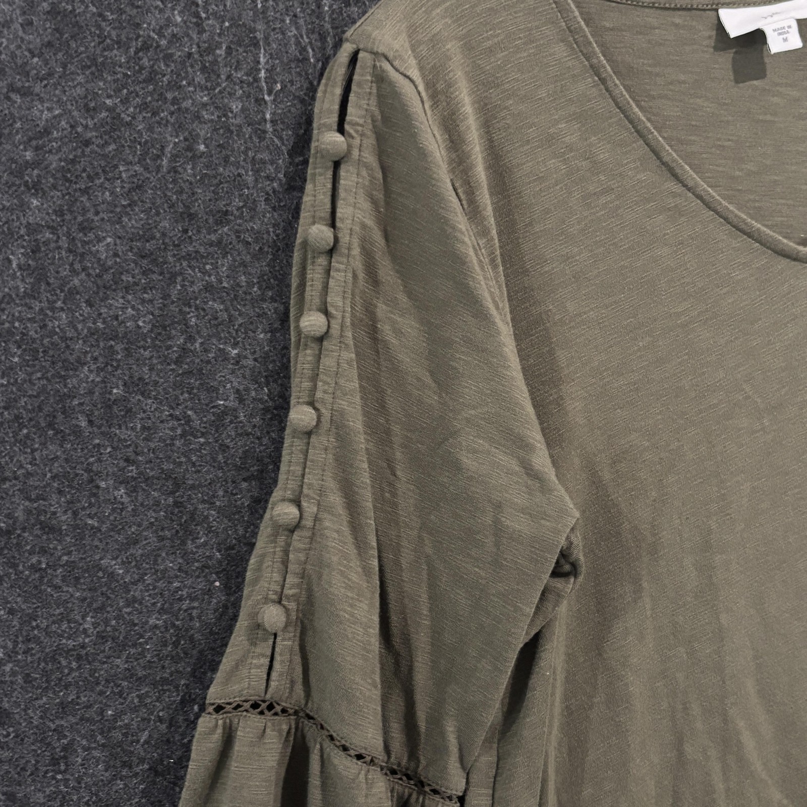 J Jill Shirt Women's Medium Moss Green V Neck Bell Sleeve Boho Cotton Top