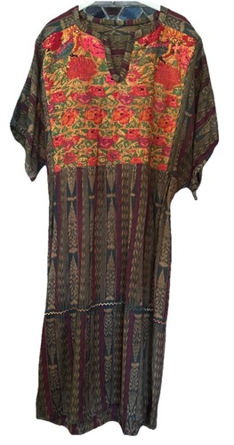 Guatemalan Ikat Maxi Dress Embroidered Huipil Panel Handmade Vintage