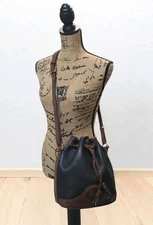 Vtg 90s Dooney & Bourke Teton Drawstring Bucket Bag Black & Brown Leather VIDEO