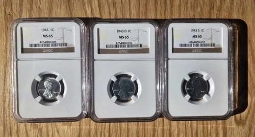 1943 P D S 1c Lincoln Steel Wheat Cent NGC MS 65 Three Coin Lot