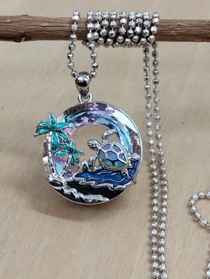 925 Sterling Tropical Ocean Turtle Opal-Style Inlay Enamel Pendant Italian Chain