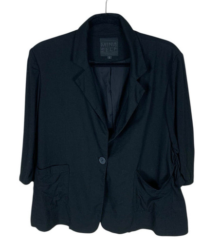 Women's Mina Self Black 3/4 Ruched Sleeve One Button Blazer Jacket Size L Office