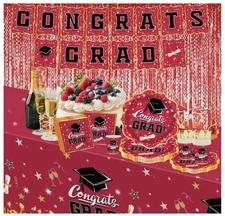 Graduation Party Supplies Dinnerware Set Red Plates Napkins Cups Banner Decor