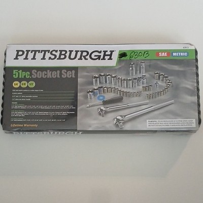 Pittsburgh 51pc Chrome Socket Set SAE & Metric with Ratchets, Accessories, Box