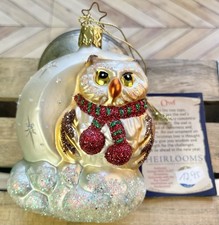 Inge Glas Owl In Crescent Moon German Glass Christmas Ornament W/ Tag