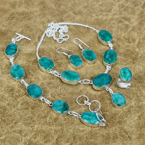 Natural Zambian Emerald Gemstone Handmade 925 Sterling Silver Oval Jewelry Set