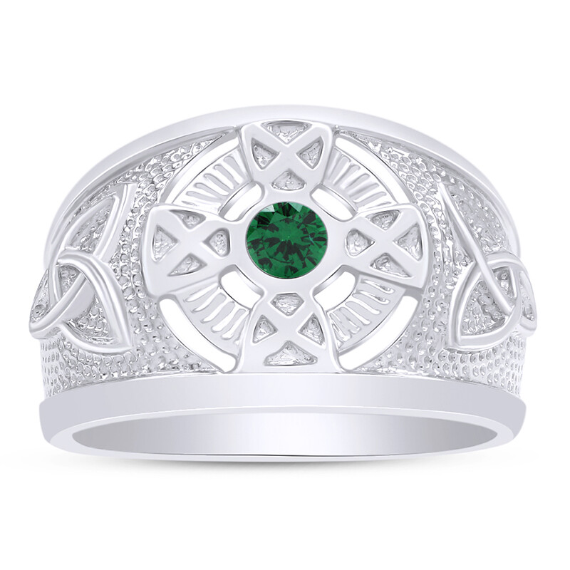 Celtic Wedding Band 14K White Gold Plated Sterling Silver with Simulated Emerald-image
