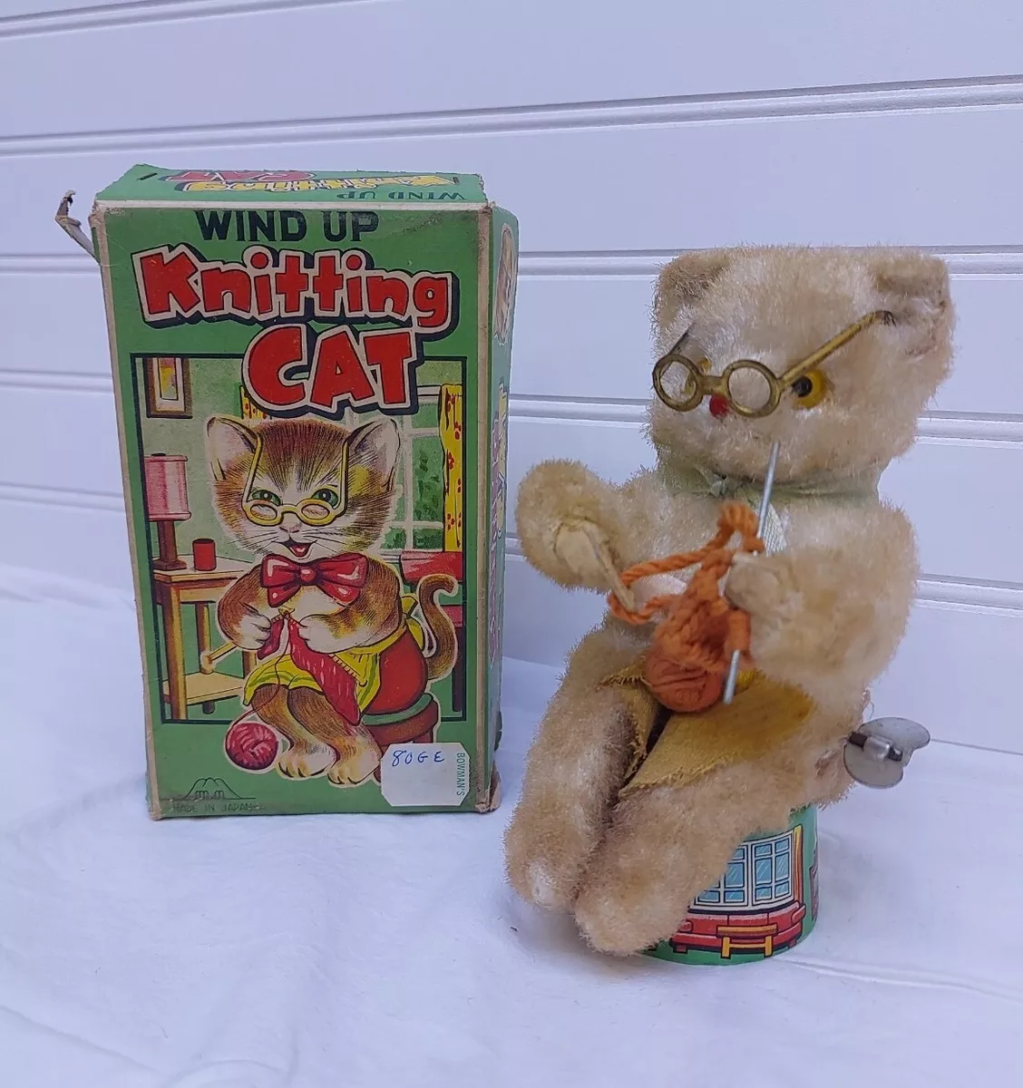 Vintage Mechanical Tin Wind Up Knitting Cat Nomura Toys Japan Working With Box