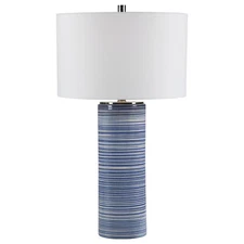 Elegant Indigo White Striped Contemporary Table Lamp Denim Blue Coastal Cylinder