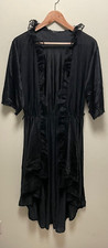 Vintage Fredericks of Hollywood Women Peignoir Robe Medium Black Satin Lace Trim