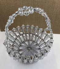 Vintage Kitschy Clear Bead and Silver Safety Pin Basket with Handle