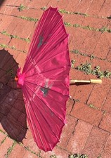 Vintage Asian Parasol Umbrella Hand-Painted Pink Nylon Fabric  Bamboo Handle
