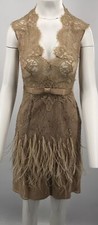 Zuhair Murad Beige/Brown Lace Bow Belted Dress w/ Fringe/Sequin Detail sz XS