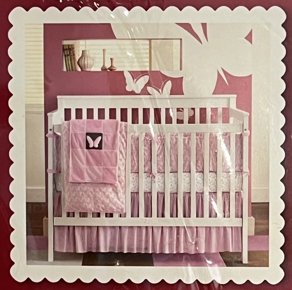 Amy Coe Mod 婴儿床灰尘荷叶边粉色白色棕色条纹 100% 棉全新 LE — 第 3/4 张图片