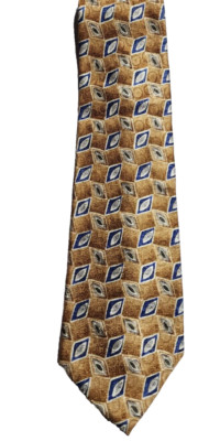 Mens Stanford Geometric Golden Tan Blue Neck Silk Tie 58  L x4  W Classic Power