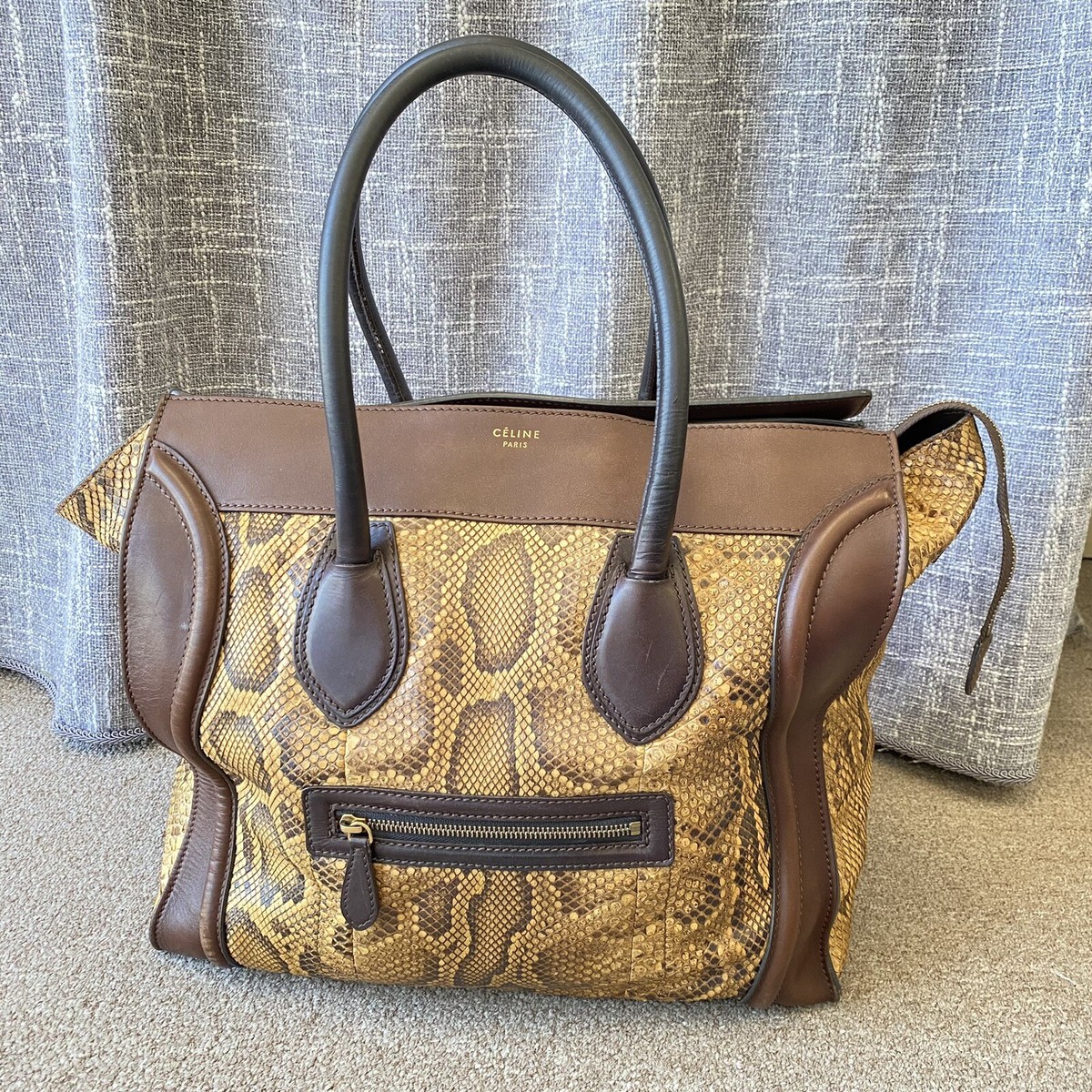 CELINE Paris Snake Skin Tote Satchel Brown Mustard w/ black